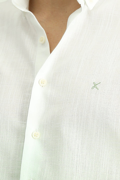 Çağla Yeşili Uzun Kol Regular Fit Spor Desenli Düğmeli Yaka Keten Görünümlü Pamuk Gömlek