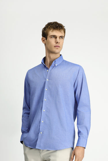 Koyu Mavi  Uzun Kol Regular Fit Düğmeli Yaka Oxford Pamuk Gömlek