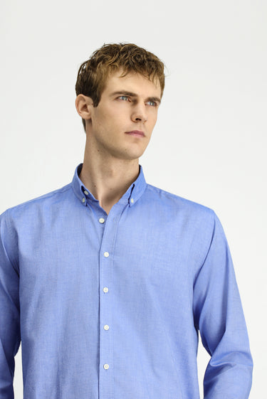 Koyu Mavi  Uzun Kol Regular Fit Düğmeli Yaka Oxford Pamuk Gömlek