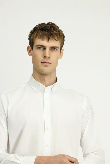 Beyaz Uzun Kol Regular Fit Düğmeli Yaka Oxford Pamuk Gömlek