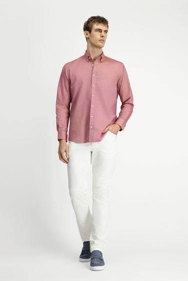 Mercan Kırmızı Uzun Kol Regular Fit Düğmeli Yaka Oxford Pamuk Gömlek