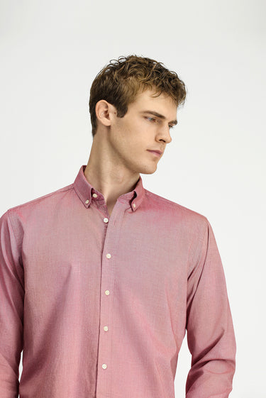 Mercan Kırmızı Uzun Kol Regular Fit Düğmeli Yaka Oxford Pamuk Gömlek