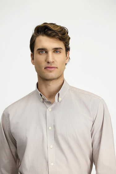 Açık Vizon Uzun Kol Regular Fit Düğmeli Yaka Oxford Pamuk Gömlek