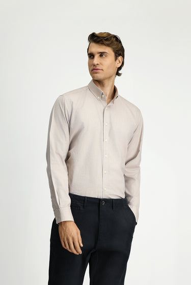 Açık Vizon Uzun Kol Regular Fit Düğmeli Yaka Oxford Pamuk Gömlek