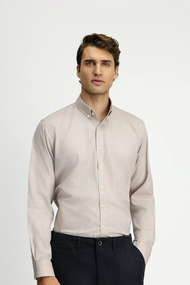 Açık Vizon Uzun Kol Regular Fit Düğmeli Yaka Oxford Pamuk Gömlek
