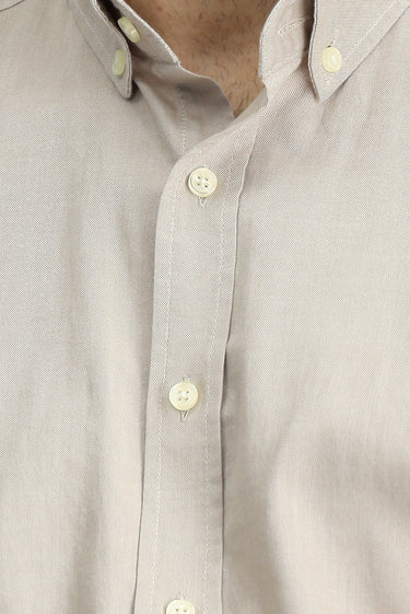 Açık Vizon Uzun Kol Regular Fit Düğmeli Yaka Oxford Pamuk Gömlek