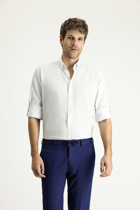 Mavi Uzun Kol Regular Fit Desenli Spor Pamuklu Düğmeli Yaka Gömlek