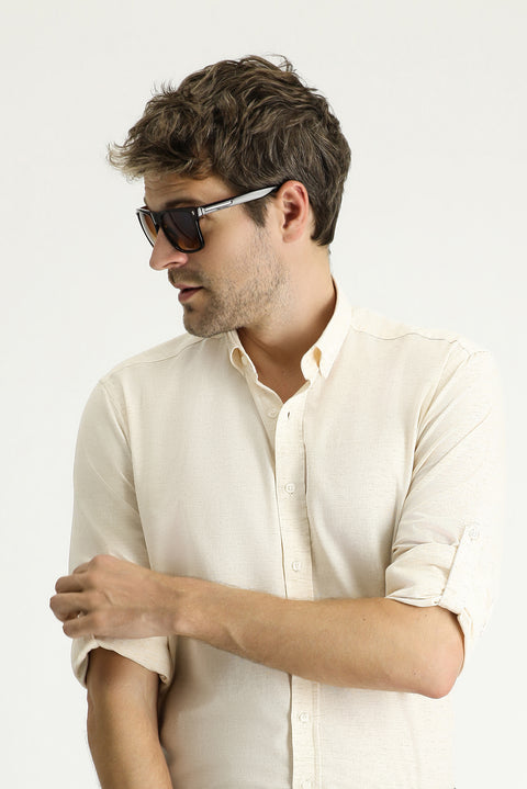 Sarı Uzun Kol Regular Fit Desenli Spor Pamuklu Düğmeli Yaka Gömlek