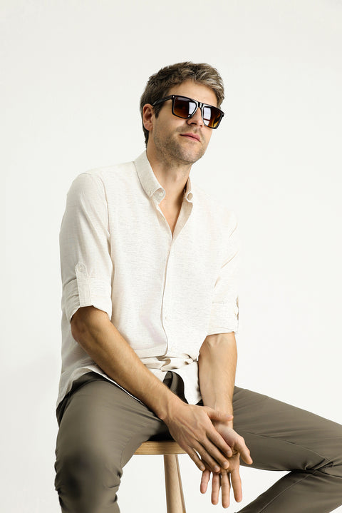 Açık Vizon Uzun Kol Regular Fit Desenli Spor Pamuklu Düğmeli Yaka Gömlek