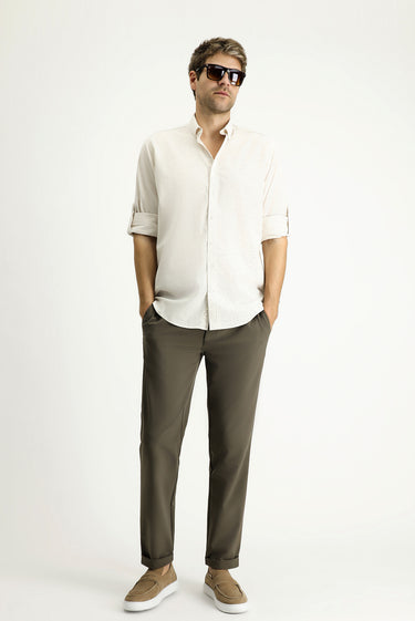 Açık Vizon Uzun Kol Regular Fit Desenli Spor Pamuklu Düğmeli Yaka Gömlek