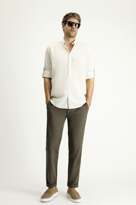 Açık Vizon Uzun Kol Regular Fit Desenli Spor Pamuklu Düğmeli Yaka Gömlek