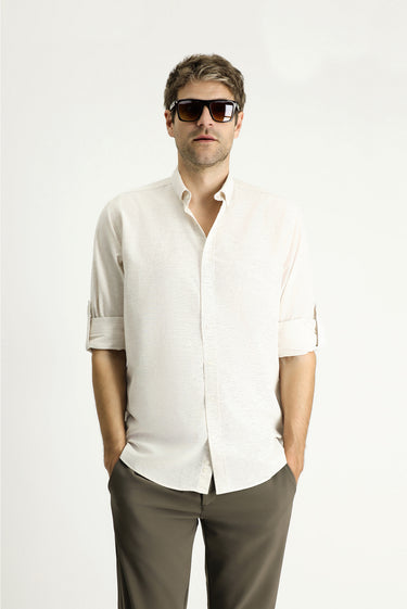 Açık Vizon Uzun Kol Regular Fit Desenli Spor Pamuklu Düğmeli Yaka Gömlek