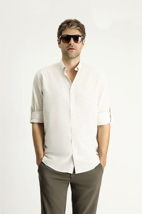 Açık Vizon Uzun Kol Regular Fit Desenli Spor Pamuklu Düğmeli Yaka Gömlek