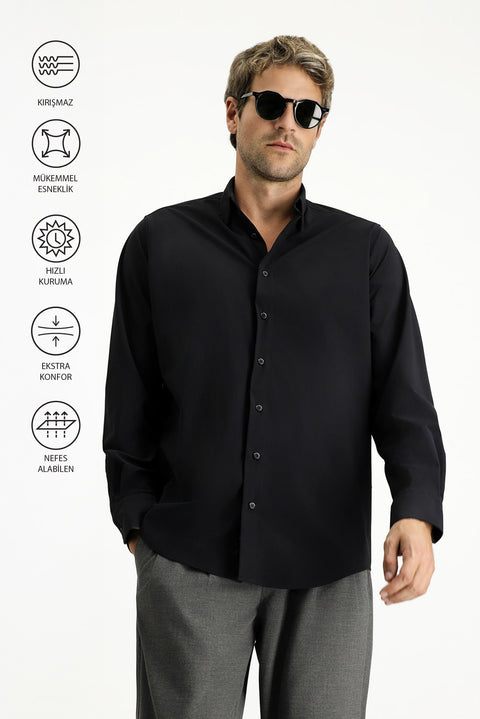 Siyah Techno-Line Uzun Kol Regular Fit Likralı Düğmeli Yaka Gömlek