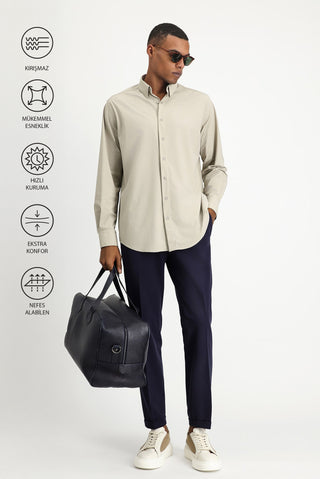  Açık Bej Techno-Line Uzun Kol Regular Fit Likralı Gömlek