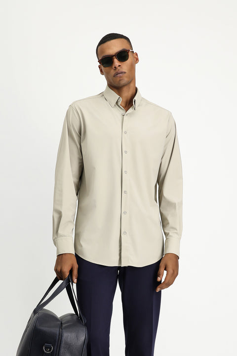 Açık Bej Techno-Line Uzun Kol Regular Fit Likralı Düğmeli Yaka Gömlek