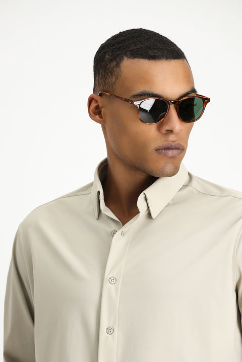 Açık Bej Techno-Line Uzun Kol Regular Fit Likralı Düğmeli Yaka Gömlek