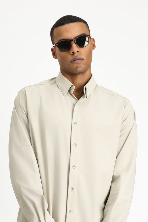 Açık Bej Techno-Line Uzun Kol Regular Fit Likralı Düğmeli Yaka Gömlek