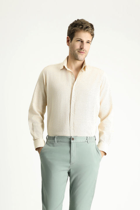 Açık Bej Uzun Kol Regular Fit Desenli Keten Karışımlı Spor Pamuklu Gömlek