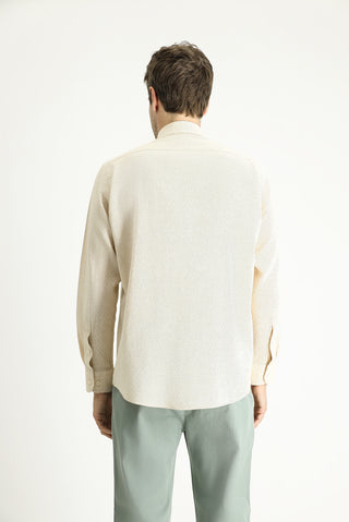  Aç?k Bej Uzun Kol Regular Fit Desenli Keten Kar???ml? Spor Pamuklu Gömlek-Ki??l?