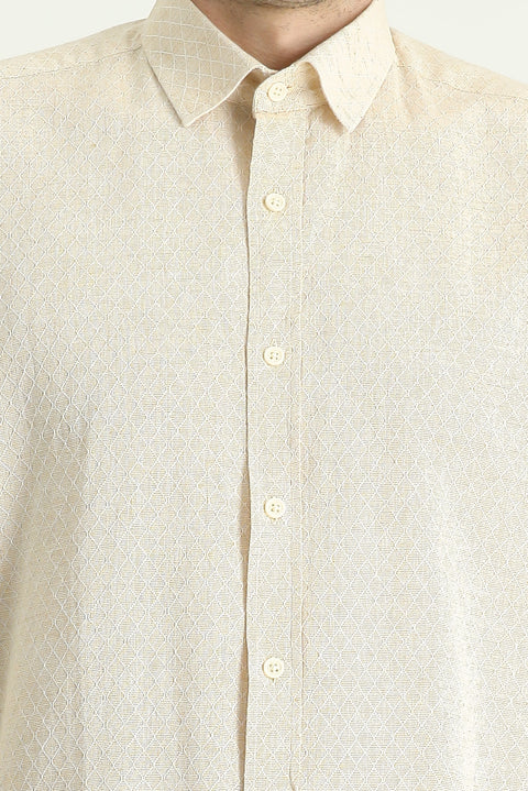 Açık Bej Uzun Kol Regular Fit Desenli Keten Karışımlı Spor Pamuklu Gömlek