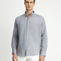 Açık Lacivert Uzun Kol Regular Fit Spor Düğmeli Yaka Pamuklu Keten Şantuk Gömlek