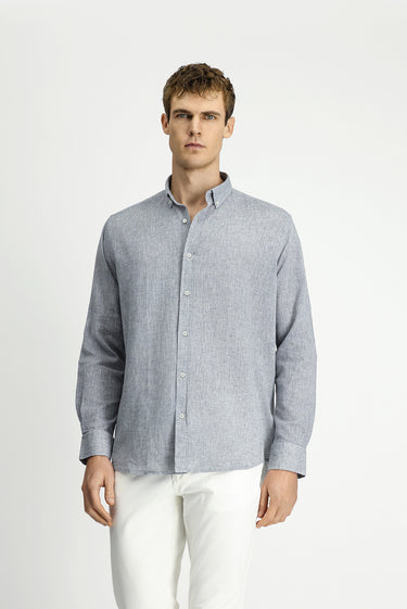  Açık Lacivert Uzun Kol Regular Fit Spor Düğmeli Yaka Pamuklu Keten Şantuk Gömlek