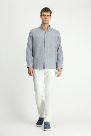  Açık Lacivert Uzun Kol Regular Fit Spor Düğmeli Yaka Pamuklu Keten Şantuk Gömlek