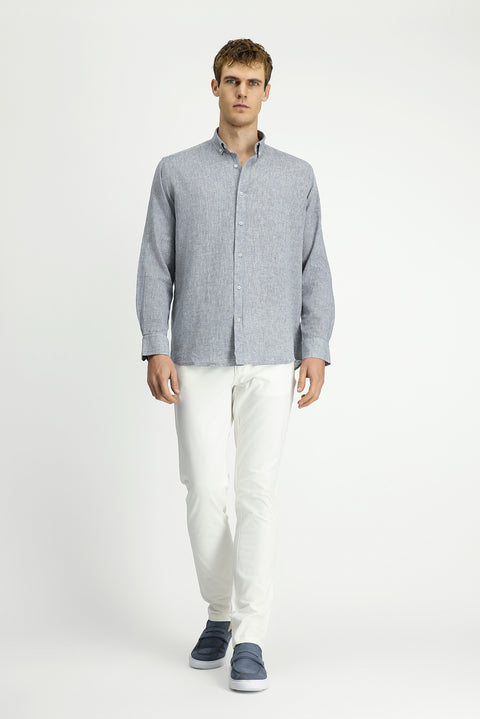 Açık Lacivert Uzun Kol Regular Fit Spor Düğmeli Yaka Pamuklu Keten Şantuk Gömlek