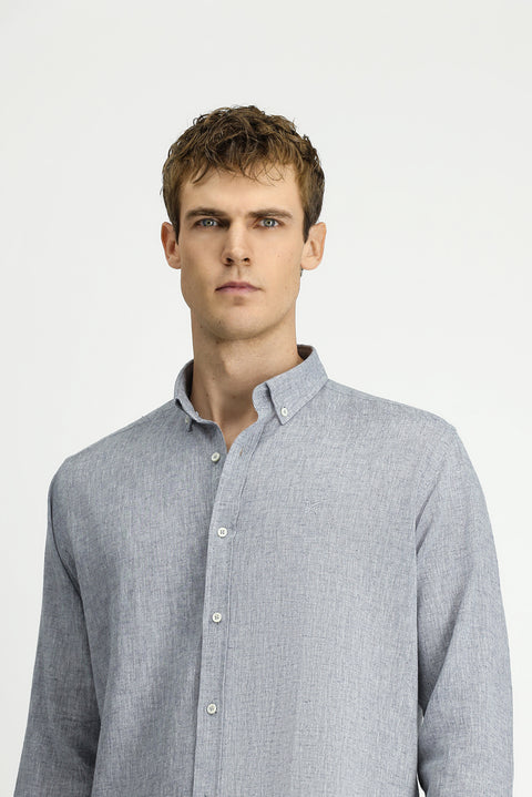 Açık Lacivert Uzun Kol Regular Fit Spor Düğmeli Yaka Pamuklu Keten Şantuk Gömlek