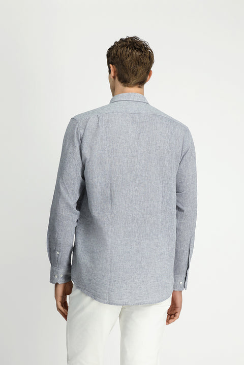 Açık Lacivert Uzun Kol Regular Fit Spor Düğmeli Yaka Pamuklu Keten Şantuk Gömlek