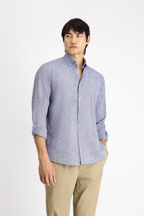 Koyu Lacivert Uzun Kol Regular Fit Spor Düğmeli Yaka Pamuklu Keten Şantuk Gömlek