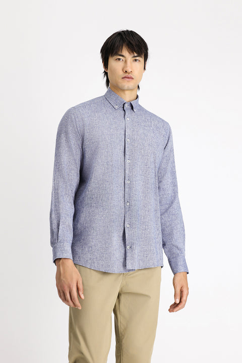 Koyu Lacivert Uzun Kol Regular Fit Spor Düğmeli Yaka Pamuklu Keten Şantuk Gömlek