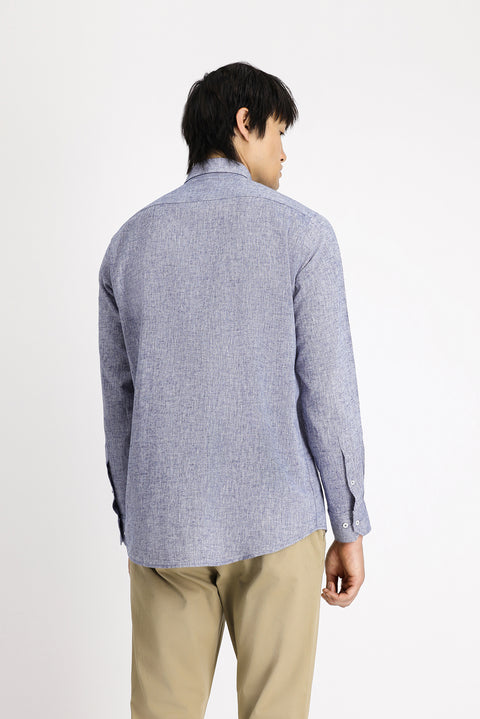 Koyu Lacivert Uzun Kol Regular Fit Spor Düğmeli Yaka Pamuklu Keten Şantuk Gömlek