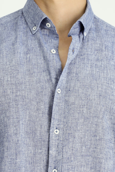 Koyu Lacivert Uzun Kol Regular Fit Spor Düğmeli Yaka Pamuklu Keten Şantuk Gömlek