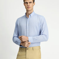 Gök Mavisi Uzun Kol Regular Fit Spor Düğmeli Yaka Pamuklu Keten Şantuk Gömlek