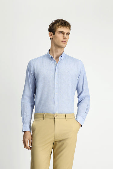  Gök Mavisi Uzun Kol Regular Fit Spor Düğmeli Yaka Pamuklu Keten Şantuk Gömlek