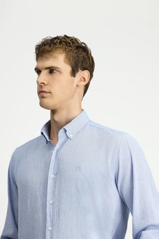  Gök Mavisi Uzun Kol Regular Fit Spor Düğmeli Yaka Pamuklu Keten Şantuk Gömlek