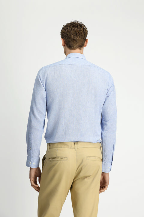 Gök Mavisi Uzun Kol Regular Fit Spor Düğmeli Yaka Pamuklu Keten Şantuk Gömlek