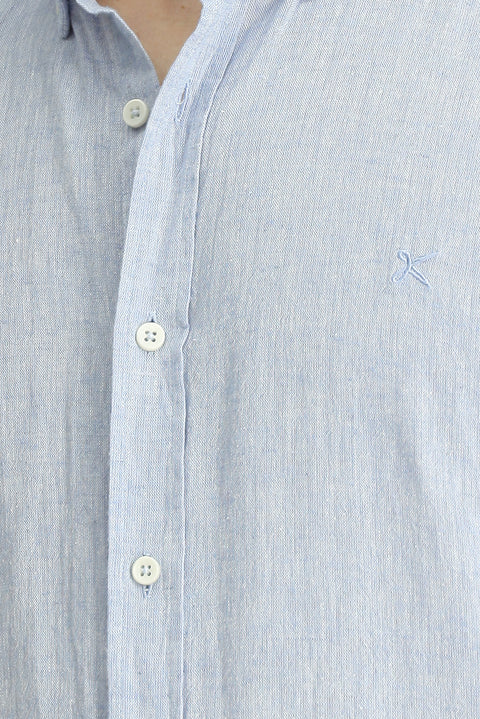Gök Mavisi Uzun Kol Regular Fit Spor Düğmeli Yaka Pamuklu Keten Şantuk Gömlek