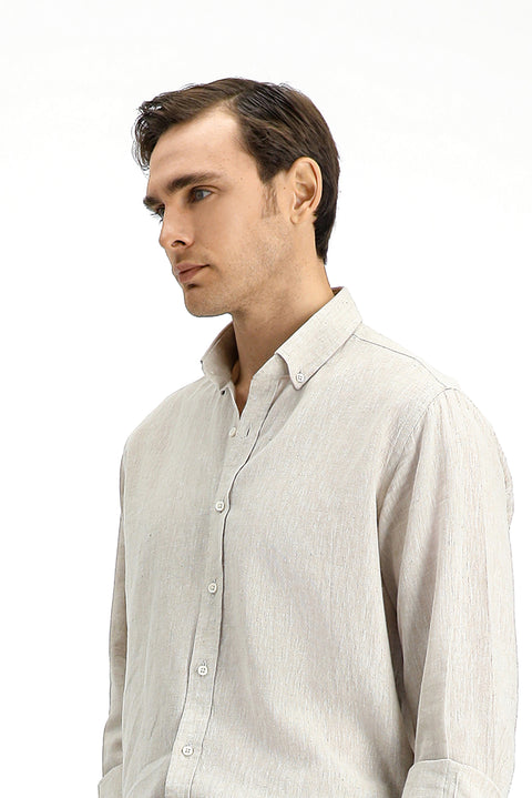 Orta Bej Uzun Kol Regular Fit Spor Düğmeli Yaka Pamuklu Keten Şantuk Gömlek