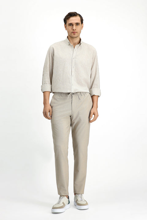 Orta Bej Uzun Kol Regular Fit Spor Düğmeli Yaka Pamuklu Keten Şantuk Gömlek