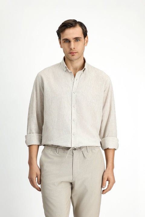 Orta Bej Uzun Kol Regular Fit Spor Düğmeli Yaka Pamuklu Keten Şantuk Gömlek