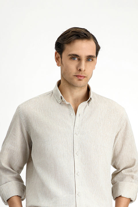Orta Bej Uzun Kol Regular Fit Spor Düğmeli Yaka Pamuklu Keten Şantuk Gömlek