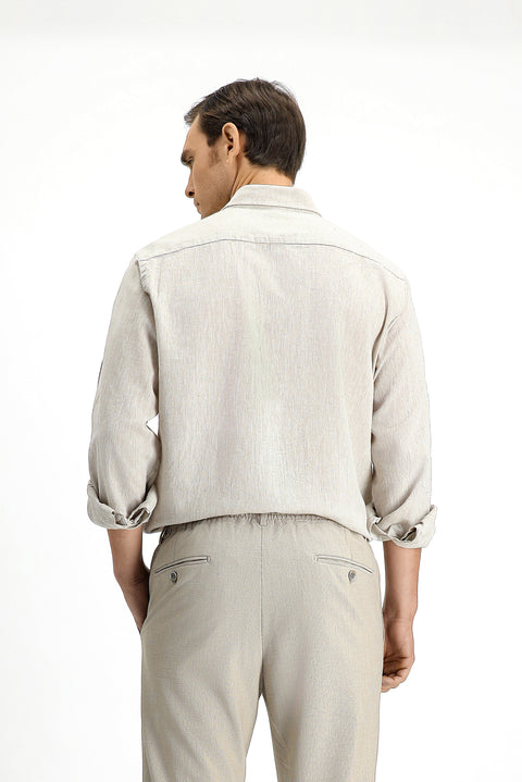 Orta Bej Uzun Kol Regular Fit Spor Düğmeli Yaka Pamuklu Keten Şantuk Gömlek