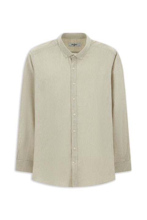 Orta Bej Uzun Kol Regular Fit Spor Düğmeli Yaka Pamuklu Keten Şantuk Gömlek