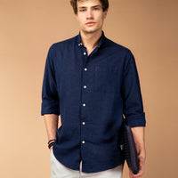 Koyu Lacivert Uzun Kol Regular Fit Spor Keten Karışımlı Düğmeli Yaka Gömlek