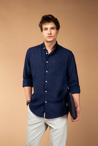 Koyu Lacivert Uzun Kol Regular Fit Spor Keten Karışımlı Düğmeli Yaka Gömlek