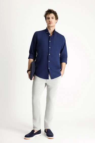 Koyu Lacivert Uzun Kol Regular Fit Spor Keten Karışımlı Düğmeli Yaka Gömlek