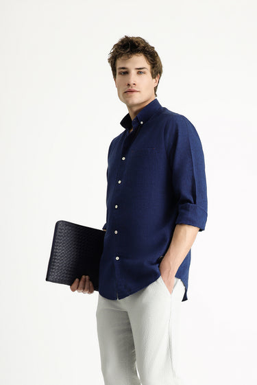 Koyu Lacivert Uzun Kol Regular Fit Spor Keten Karışımlı Düğmeli Yaka Gömlek